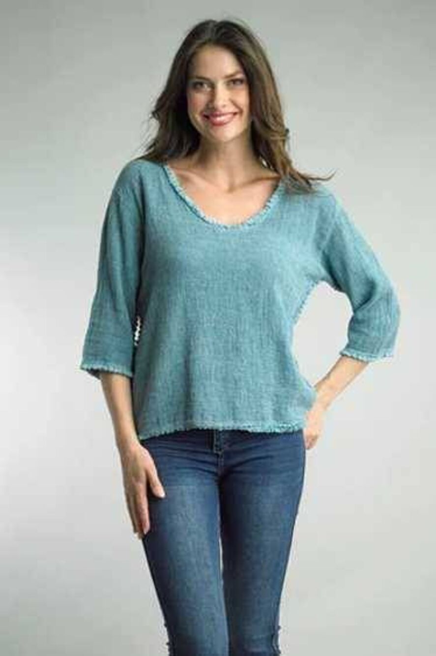 Tempo Paris Teal Linen Raw Edge Top Large Basic Sustainable Coastal Summer